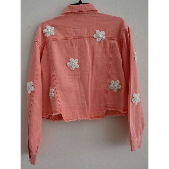 POL SMJ302A Women's Sz Medium Neon Papaya Beaded Pearl Daisy Denim Jacket - Picture 4 of 10